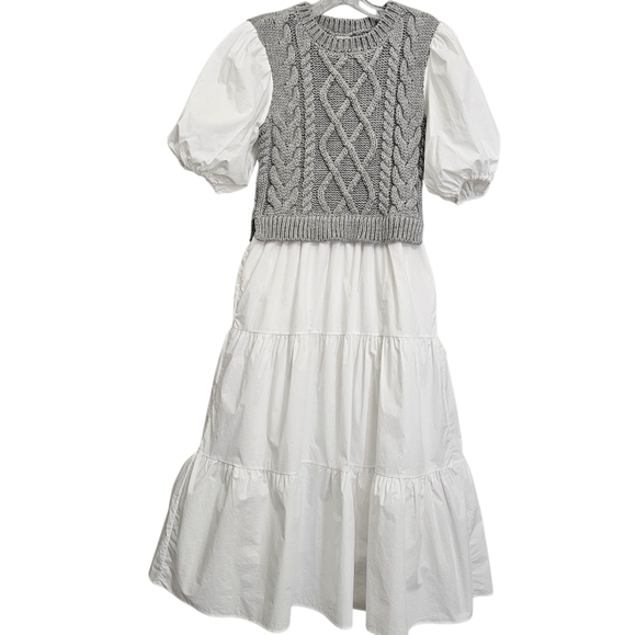 Anthropologie English Factory Wht/Gray Cable Knit Puff Sleeve Tier Ruffle Dress - Picture 17 of 17